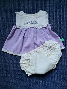 Mother Care *little bird* Lilac & Cream Baby Dress Set with Ruffle Bloomers. NB